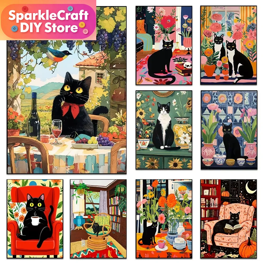1pc frameless Cartoon Black Ca - Embroidery Gift Ideas avaliação e preço
